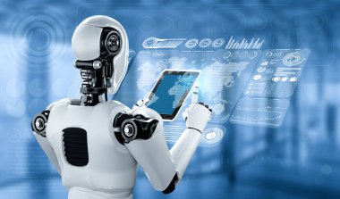Büyük veri analizi için tablet bilgisayar kullanan robot insanımsı