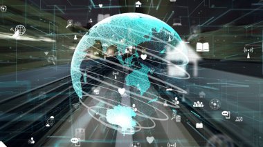 Global ağ grafiği ile yolda hızlı hareket eden dijital veri akışı