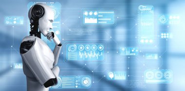 Yapay zeka robotunun hologram ekranını analiz ederek büyük veriler gösterdiğini düşünüyorum.