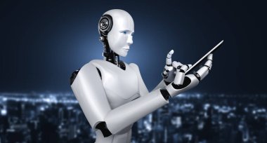 Robot insanımsı gelecekteki ofiste cep telefonu veya tablet kullan