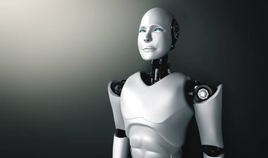 Ayakta duran insansı robot temiz bir arkaplanda ileriye bakıyor