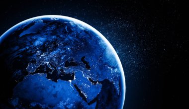 Dünya gezegeninin uzaydan görünüşü gerçekçi dünya yüzeyini ve dünya haritasını gösteriyor