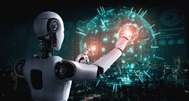 Sanal ekrana dokunan yapay zeka robotu küresel iletişim kavramını gösteriyor