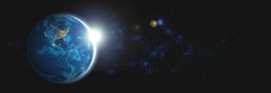 Dünya gezegeninin uzaydan görünüşü gerçekçi dünya yüzeyini ve dünya haritasını gösteriyor