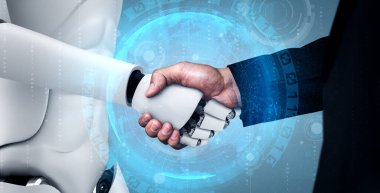 Gelecekteki teknolojiyle işbirliği yapmak için insansı robot tokalaşması