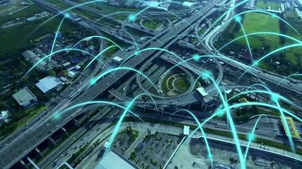 Intelligente digitale Stadtautobahn mit Globalisierungsgrafik des Verbindungsnetzes — Stockvideo
