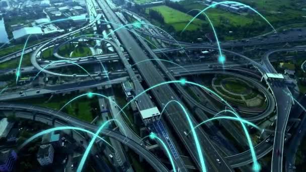 Intelligente digitale Stadtautobahn mit Globalisierungsgrafik des Verbindungsnetzes — Stockvideo