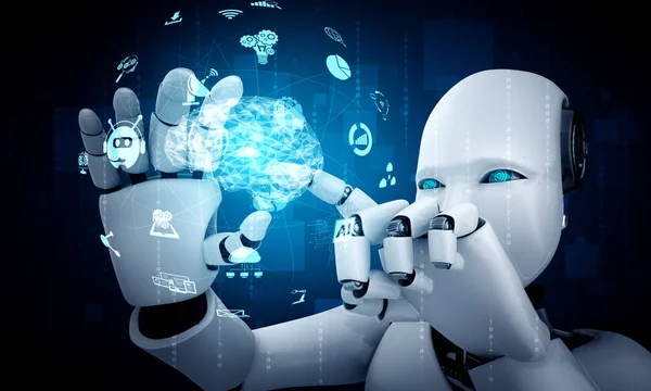 Ρομπότ humanoid κατέχουν HUD οθόνη ολόγραμμα στην έννοια του εγκεφάλου AI σκέψης — Φωτογραφία Αρχείου