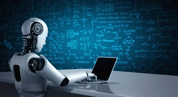 Robot humanoid use laptop and sit at table for engineering science studying