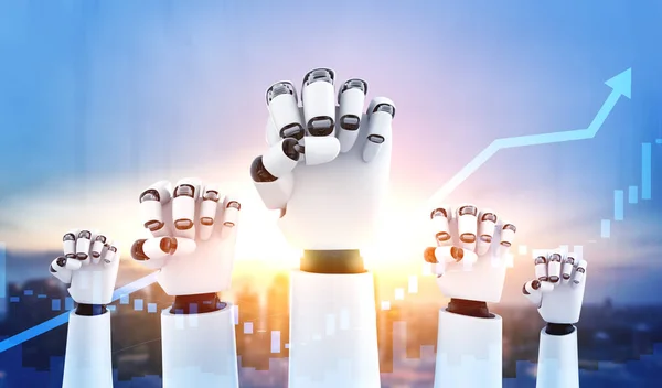 机器人手举起来庆祝金钱投资的成功 — 图库照片
