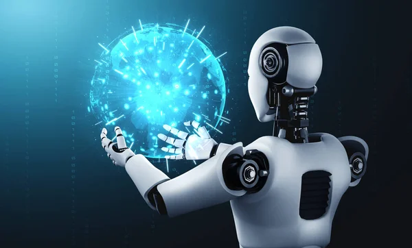 Το ρομπότ AI humanoid που κρατά την οθόνη ολογράμματος δείχνει την έννοια της παγκόσμιας επικοινωνίας — Φωτογραφία Αρχείου