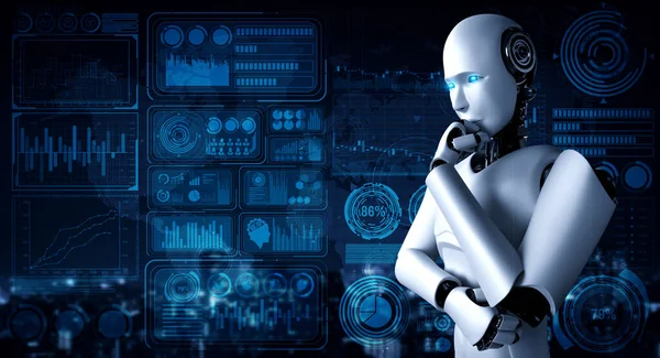 Thinking AI humanoid robot analyzing hologram screen showing concept big data — Stock Photo, Image