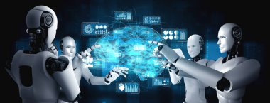 Yapay zeka robotu sanal sanal sanal ekrana dokunuyor ve yapay zeka beyni kavramını gösteriyor.