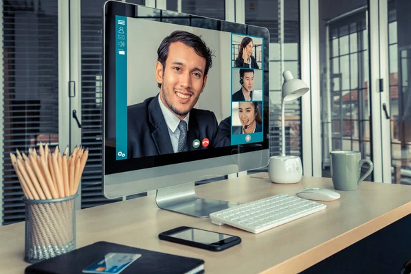 Video call business people meeting on virtual workplace or remote office — Stock Photo, Image