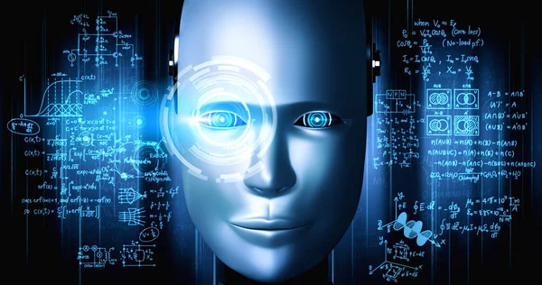 Robot humanóide rosto de perto com o conceito gráfico de estudo da ciência da engenharia — Fotografia de Stock