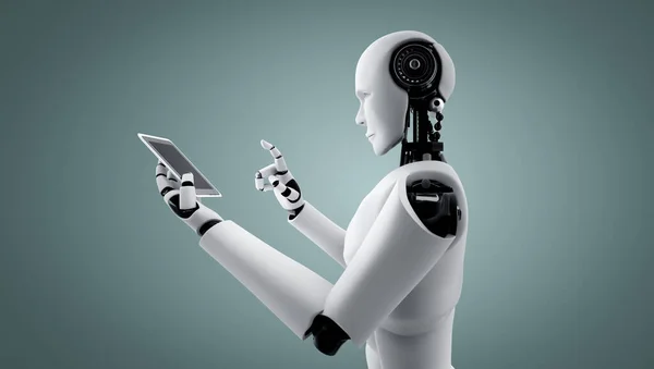 Roboter-Humanoide nutzen Handy oder Tablet im künftigen Büro — Stockfoto