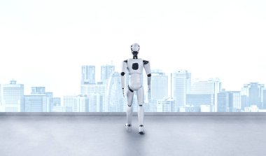 3D illüstrasyon robotu insansı şehir siluetine karşı dört gözle bekliyor