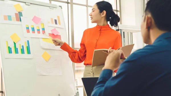 Young woman explains business data on white board — Stock Photo, Image