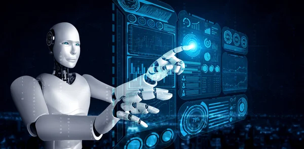 Humanoide KI-Roboter berühren virtuellen Hologrammbildschirm und zeigen Konzept von Big Data — Stockfoto