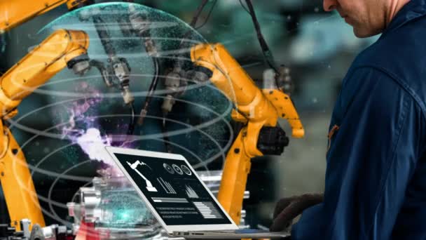 Modernizarea inteligentă a armelor robotizate pentru tehnologia inovatoare a fabricii — Videoclip de stoc