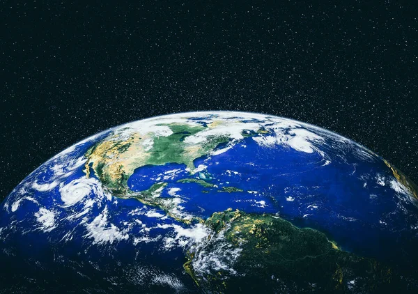 Planeta Tierra globo vista desde el espacio mostrando la superficie realista de la tierra y mapa del mundo —  Fotos de Stock