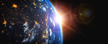 Dünya gezegeninin uzaydan görünüşü gerçekçi dünya yüzeyini ve dünya haritasını gösteriyor