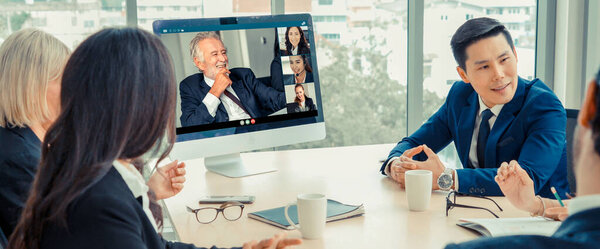 Video call group business people meeting on virtual workplace or remote office