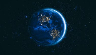 Dünya gezegeninin uzaydan görünüşü gerçekçi dünya yüzeyini ve dünya haritasını gösteriyor