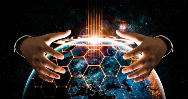 Conexão de rede global cobrindo a terra com link de percepção inovadora — Fotografia de Stock