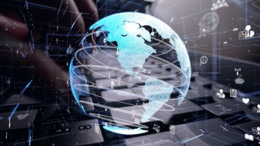 İnternet ağı grafikli bilgisayar klavyesi üzerinde çalışan adam