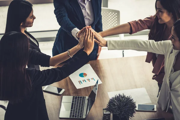 Teamwork businesswomen joining hands in meeting. — Stock Photo, Image