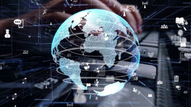 İnternet ağı grafikli bilgisayar klavyesi üzerinde çalışan adam