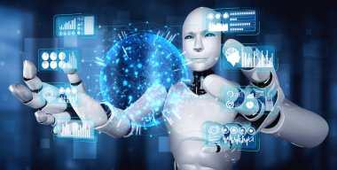 Büyük veri kavramını gösteren sanal hologram ekran tutan yapay zeka robotu