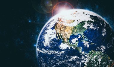 Dünya gezegeninin uzaydan görünüşü gerçekçi dünya yüzeyini ve dünya haritasını gösteriyor