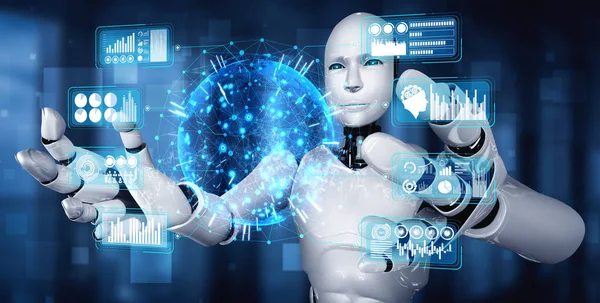 Robot humanoïde AI tenant écran hologramme virtuel montrant le concept de Big Data — Photo