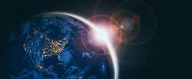 Dünya gezegeninin uzaydan görünüşü gerçekçi dünya yüzeyini ve dünya haritasını gösteriyor