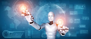 Yapay zeka robotu büyük veri kavramını gösteren sanal hologram ekranına dokunuyor