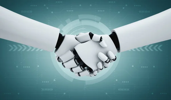 Handshake robô humanoide de renderização 3D para colaborar com a tecnologia futura — Fotografia de Stock