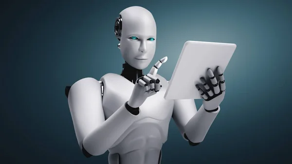 Robot humanoide usando tableta de computadora en la oficina futura — Foto de Stock