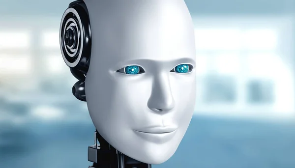 Robot humanoid face and eyes close up view 3D rendering