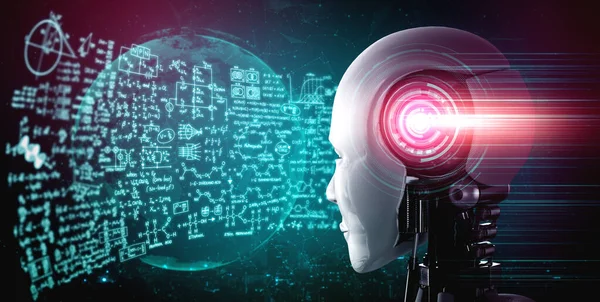 Humanoid AI robot κοιτάζοντας την οθόνη ολογράμματος στην έννοια του υπολογισμού μαθηματικών — Φωτογραφία Αρχείου