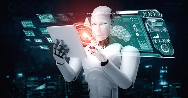 Robô humanóide usando computador tablet no conceito de pensamento AI cérebro — Fotografia de Stock