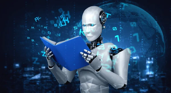 3D εικονογράφηση του ρομπότ ανθρωποειδούς βιβλίου ανάγνωσης — Φωτογραφία Αρχείου