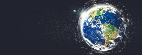 Глобальная сеть, покрывающая землю линиями инновационного восприятия — стоковое фото