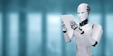 Gelecekteki ofiste tablet bilgisayar kullanan robot insanımsı