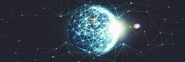 Глобальная сеть, покрывающая землю линиями инновационного восприятия — стоковое фото