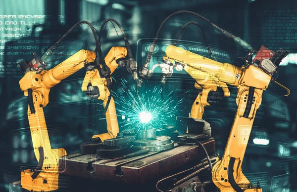 Braços de robô da indústria inteligente para tecnologia de produção de fábrica digital — Fotografia de Stock