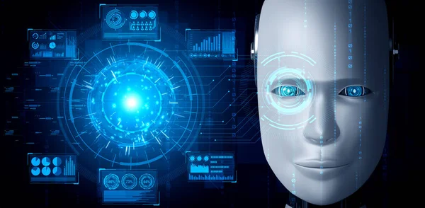 Robot humanoid face close up with graphic concept of big data analytic