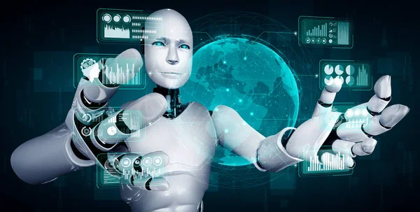 AI humanoid robot kezében virtuális hologram képernyő mutatja koncepció nagy adat — Stock Fotó