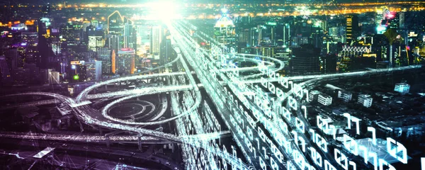 Futuristic road transportation technology with digital data transfer graphic